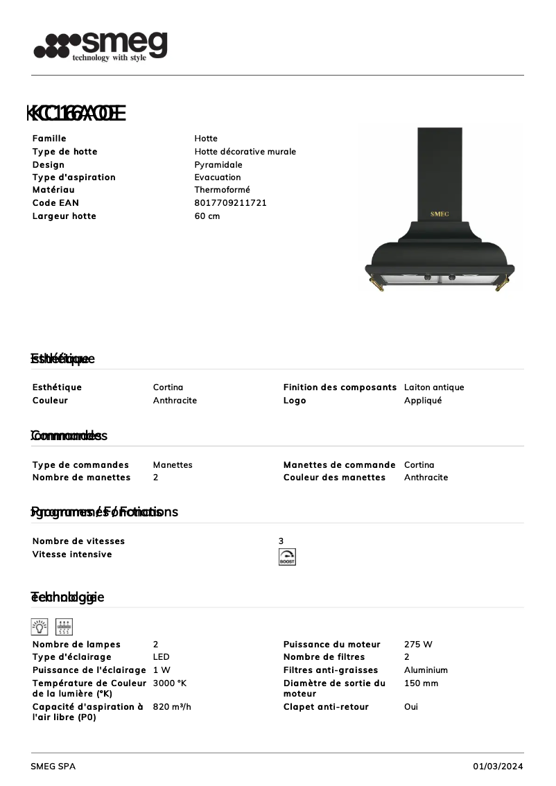 Page n°1 - Fiche technique Smeg KC16AOE