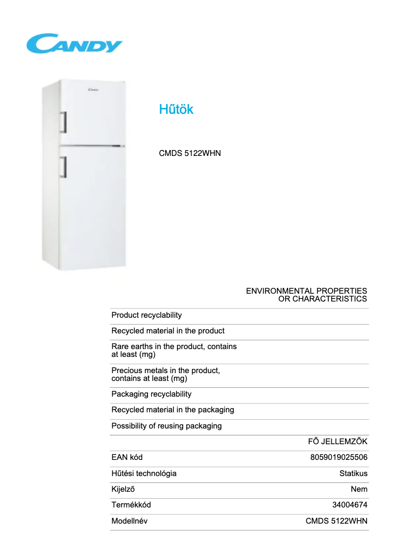 Page 1 de la notice Fiche technique Candy CMDS 5122WHN