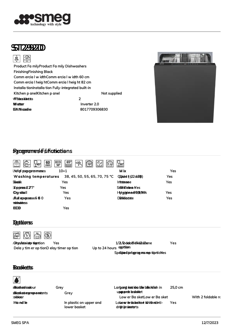 Página 1 del manual Ficha técnica Smeg ST292D