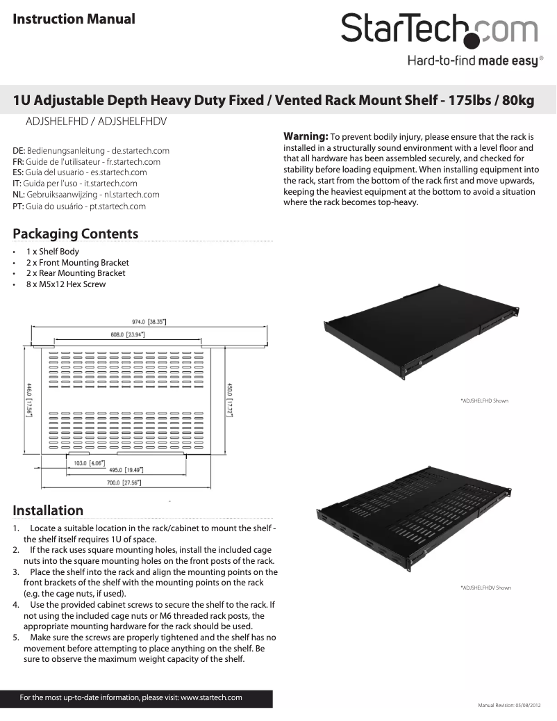 Page n°1 - Manuel utilisateur StarTech.com ADJSHELFHD