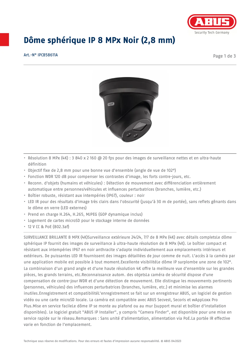 Página 1 del manual Ficha técnica Abus IPCB58611A