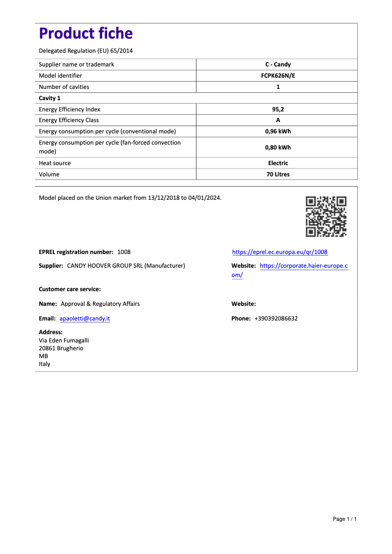 Page 1 de la notice Manuel utilisateur Candy FCPK626N/E