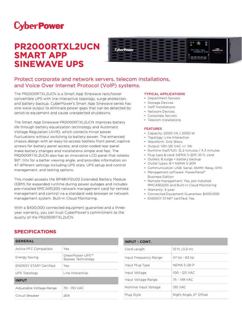 Page n°1 - Fiche technique CyberPower PR2000RTXL2UCN
