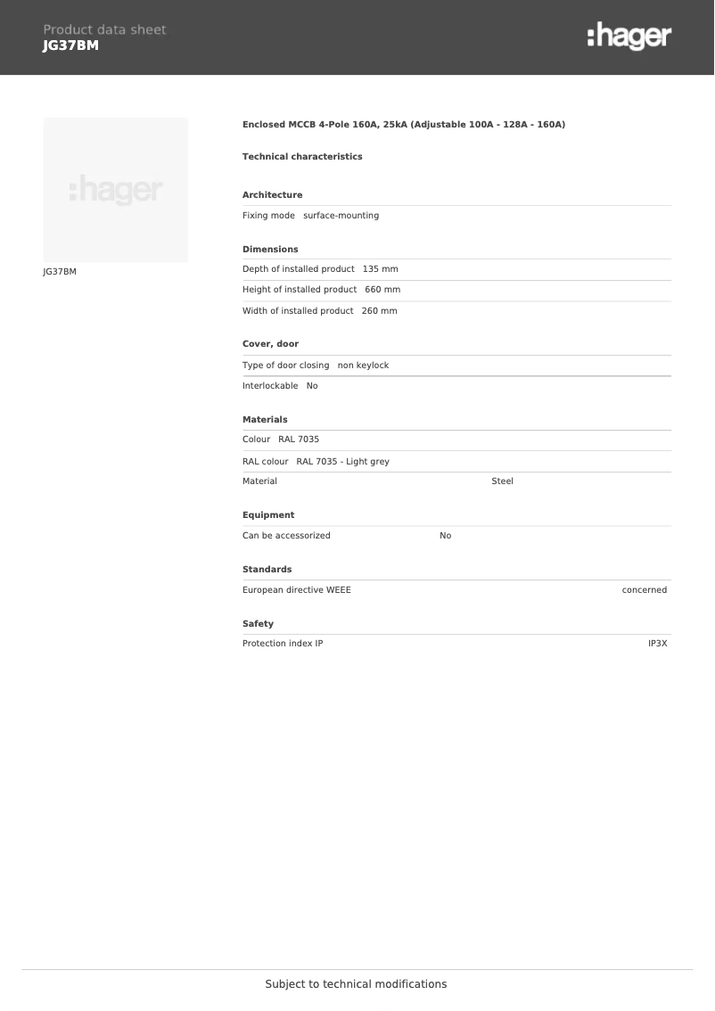 Page 1 de la notice Fiche technique Hager JG37BM