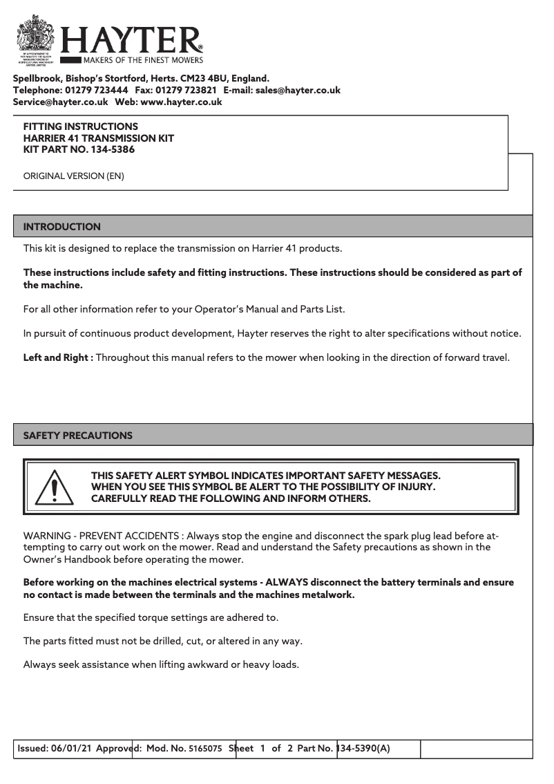 Page 1 of the manual Installation Guide Hayter Harrier 41 PRO AD FS