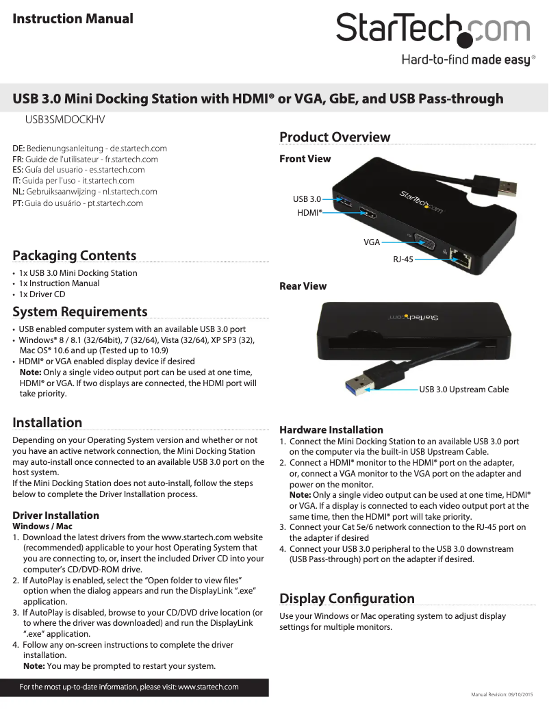 Page n°1 - Manuel utilisateur StarTech.com USB3SMDOCKHV