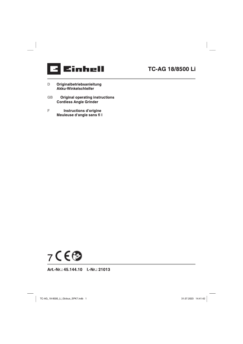 Page 1 de la notice Manuel utilisateur Einhell TC-AG 18/8500 Li