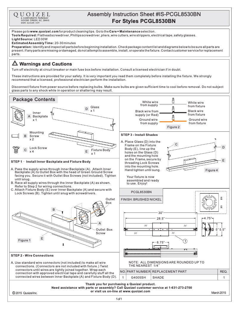 Page 1 de la notice Manuel utilisateur Quoizel PCGL8530BN