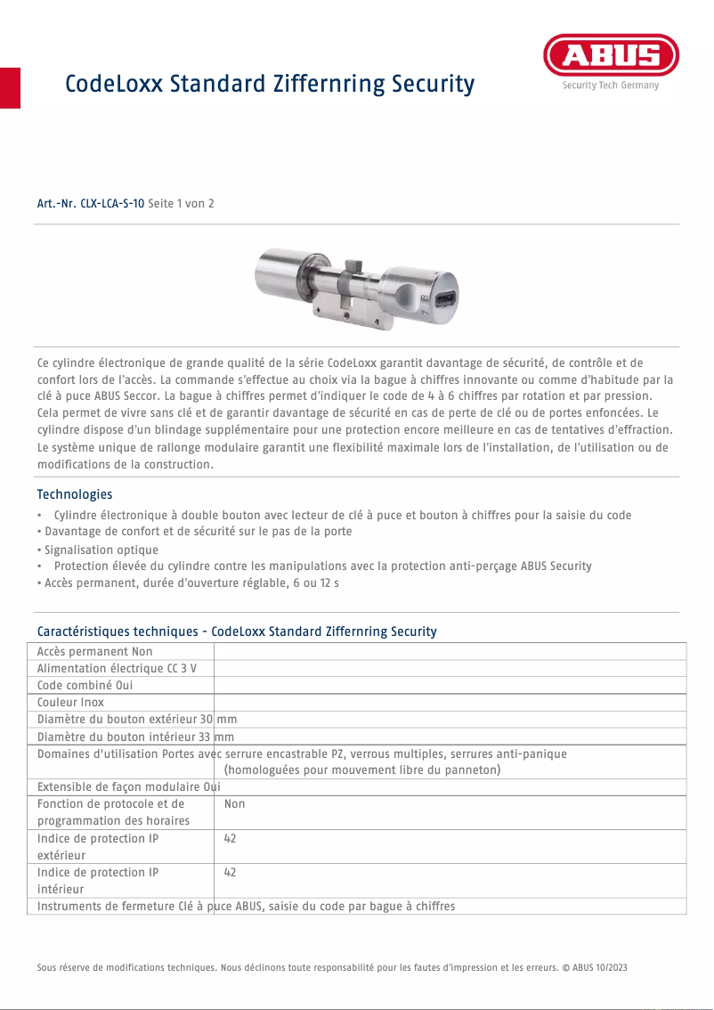Página 1 del manual Ficha técnica Abus CLX-LCA-S-10