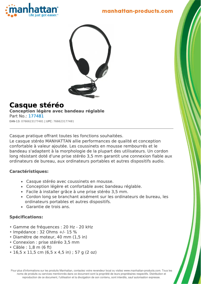 Page 1 de la notice Fiche technique Manhattan Stereo Headphones 177481