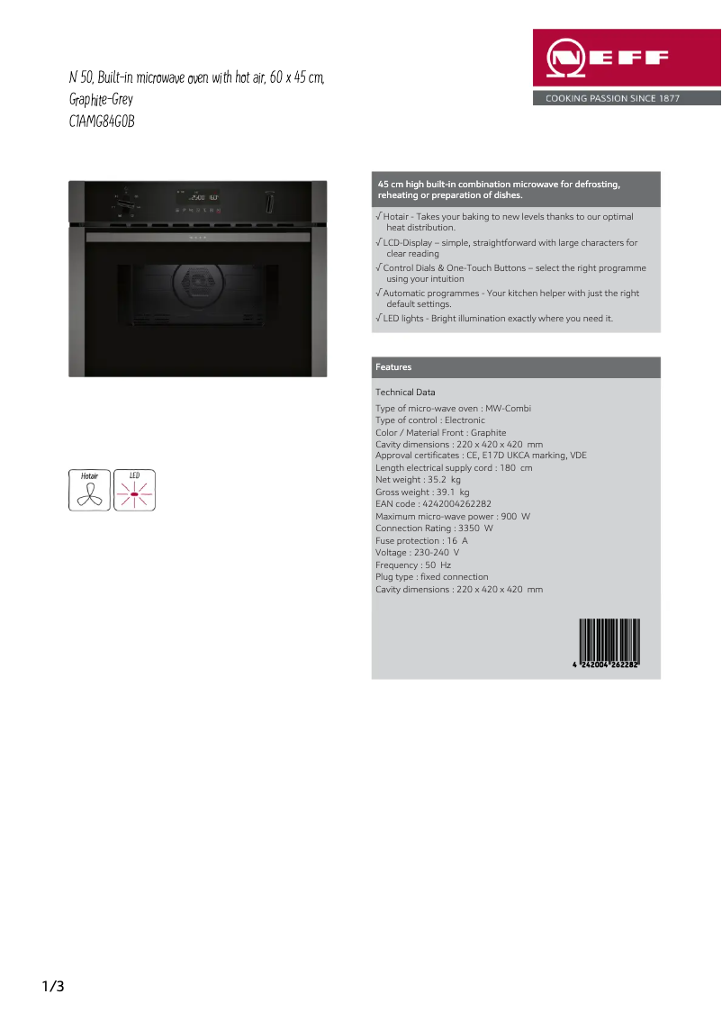 Page 1 de la notice Fiche technique Neff C1AMG84G0B