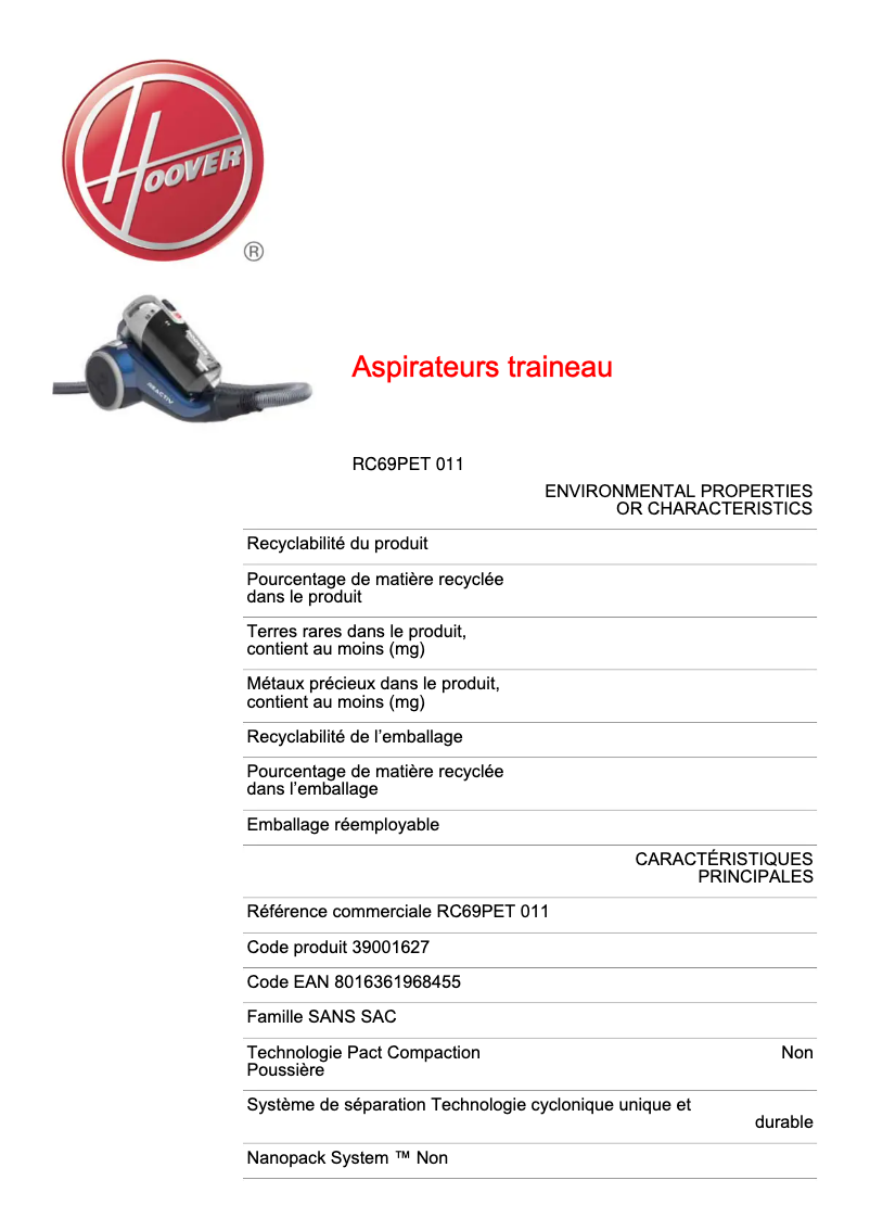 Página 1 del manual Ficha técnica Hoover RC69PET 011