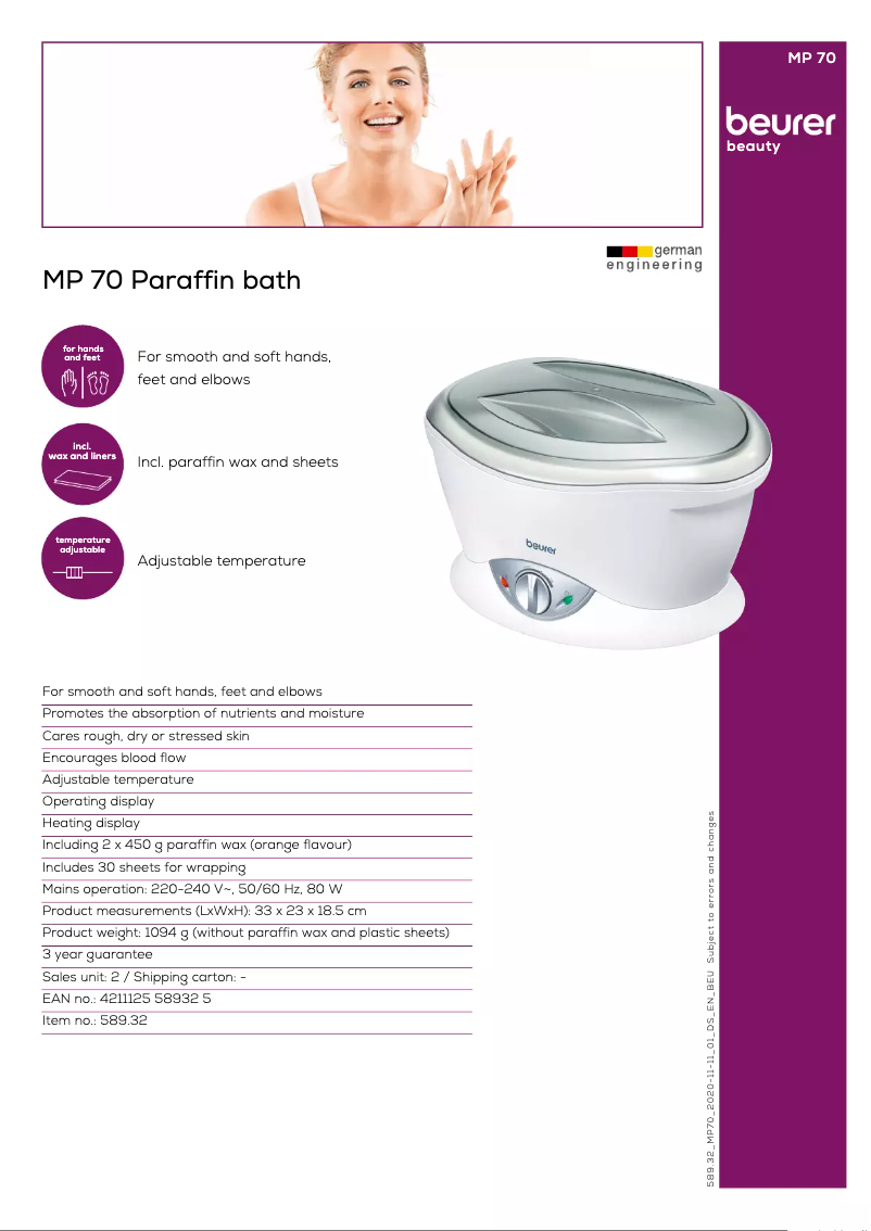 Page 1 de la notice Fiche technique Beurer MP 70