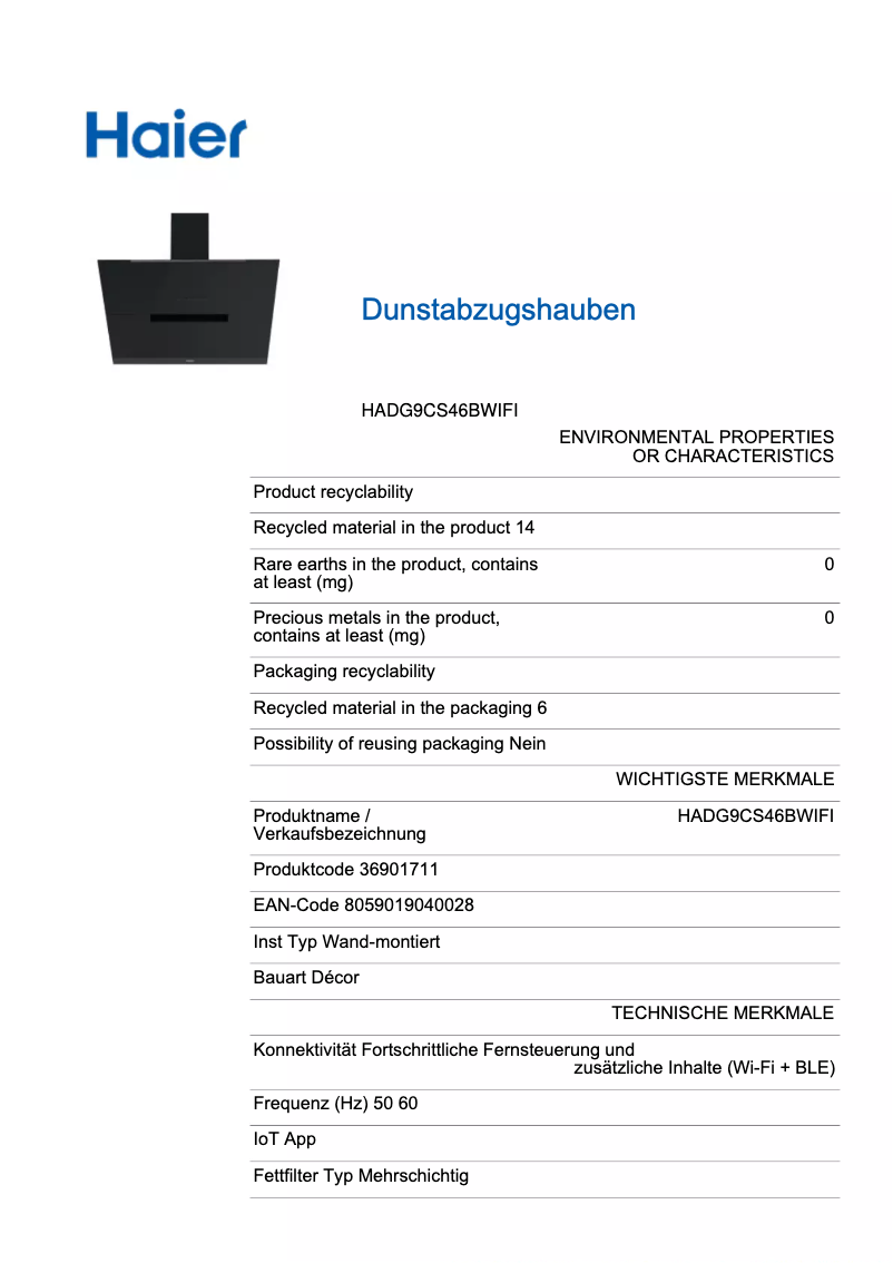 Imagen de la primera página del manual del dispositivo HADG9CS46BWIFI