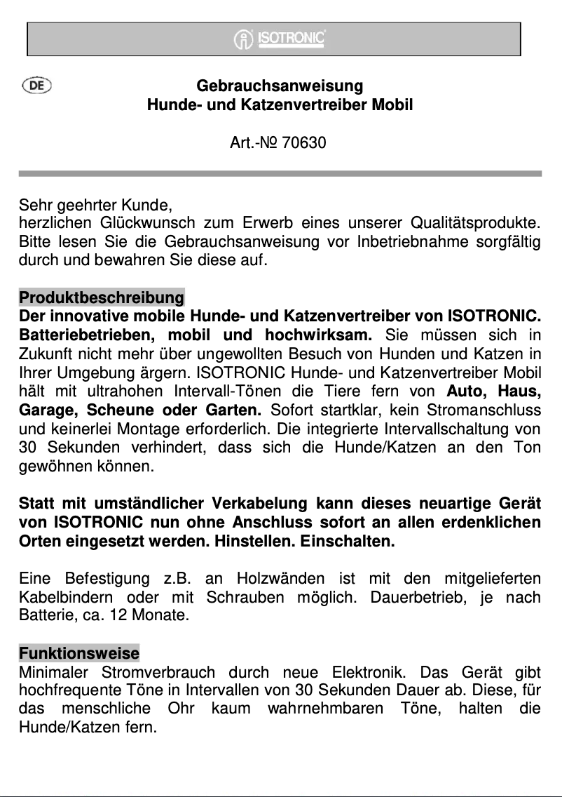 Page n°1 - Manuel utilisateur Isotronic 70630