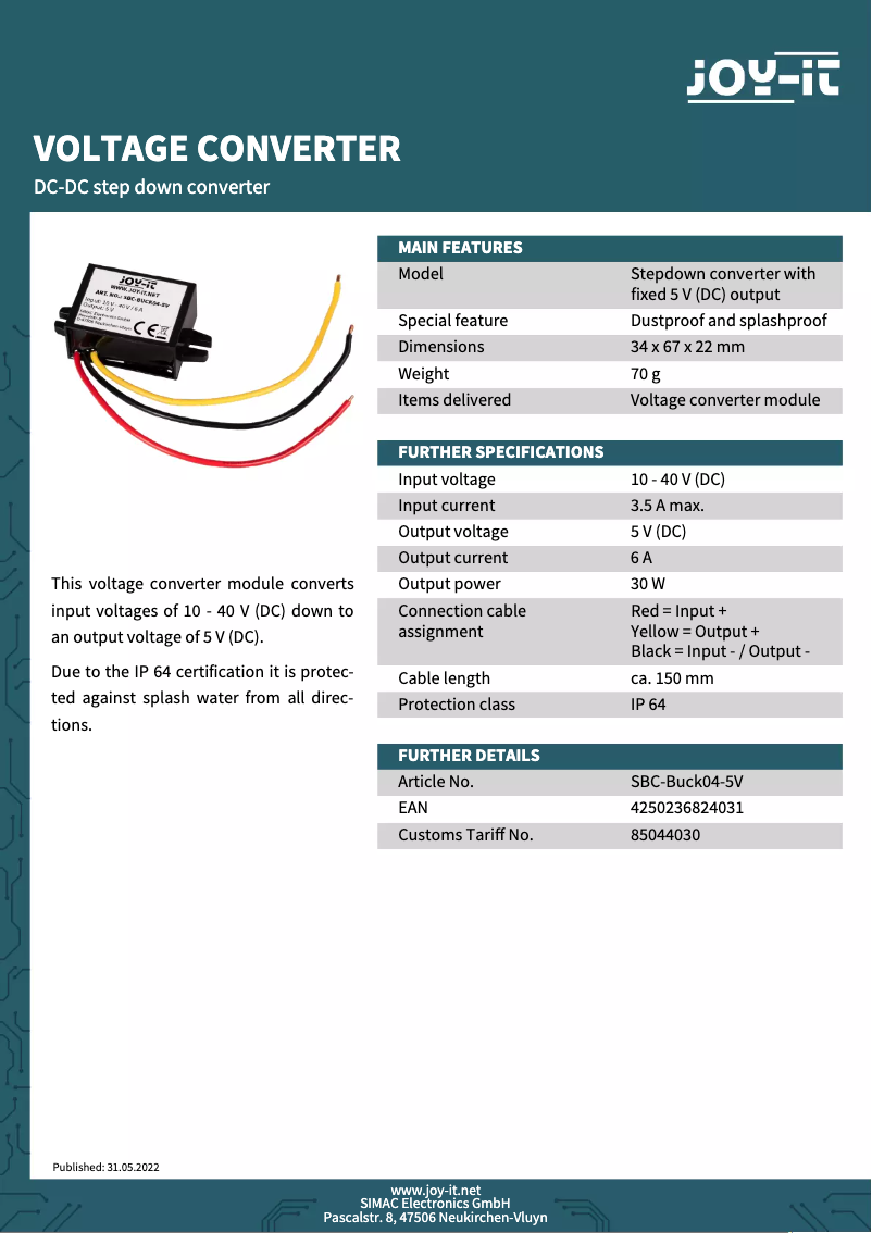 Page 1 de la notice Fiche technique Joy-It SBC-Buck04-5V