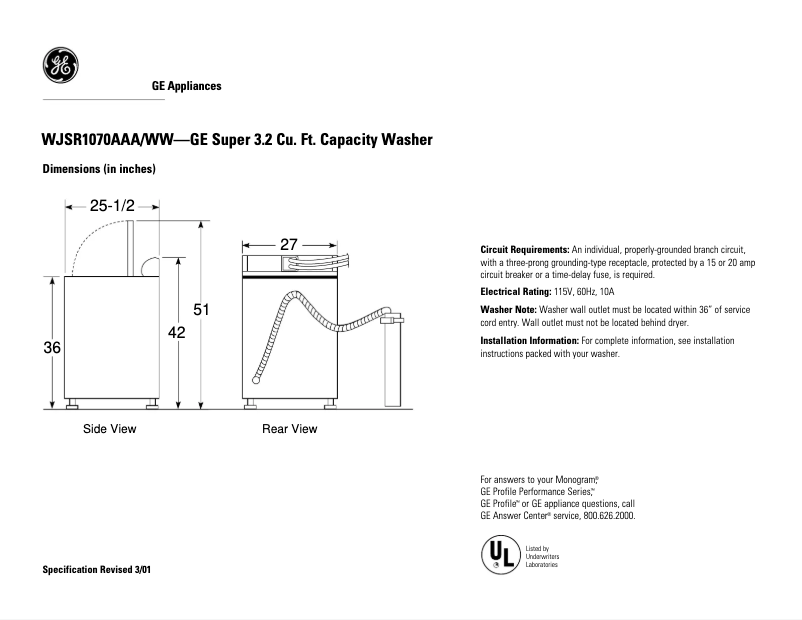Page 1 of the manual Technical Sheet GE WJSR1070ACC