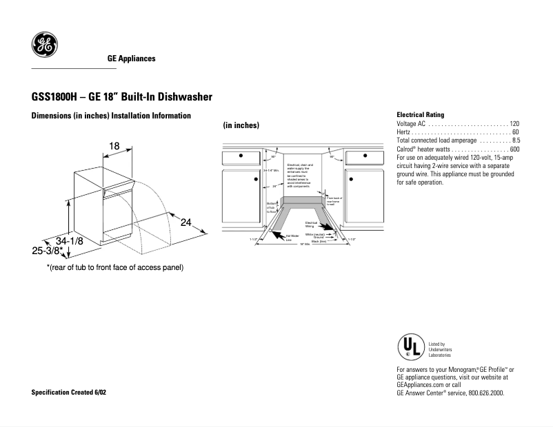 Page 1 de la notice Fiche technique GE GSS1800Z