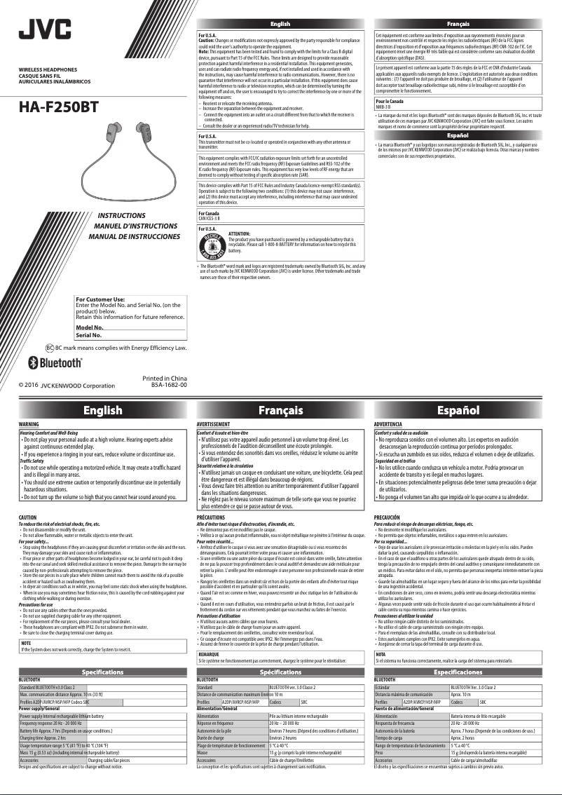 Page n°1 - Manuel utilisateur JVC HA-F250BT