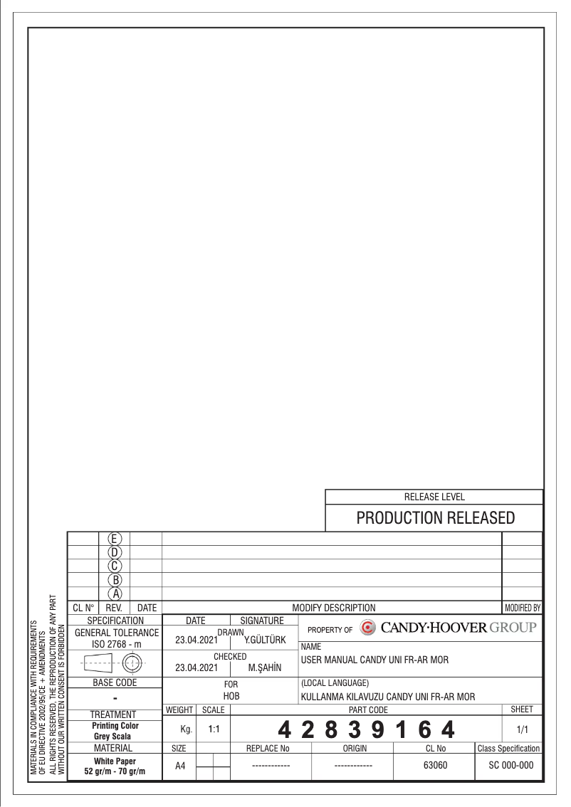 Page 1 de la notice Manuel utilisateur Candy CHG74WPX-MAR