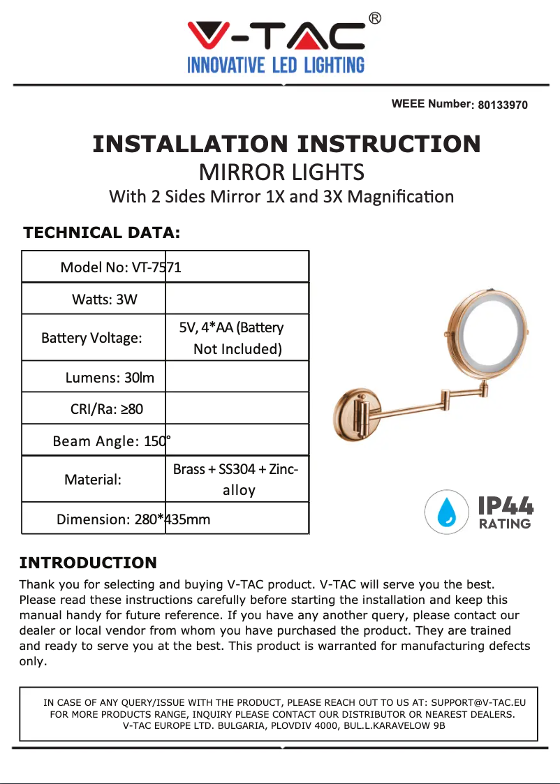 Page n°1 - Manuel utilisateur V-TAC VT-7571