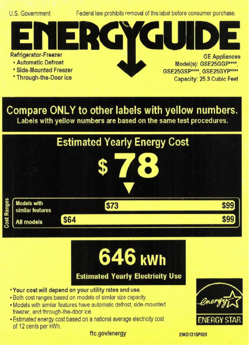 Page n°1 - Label énergétique GE GSE25GYPFS