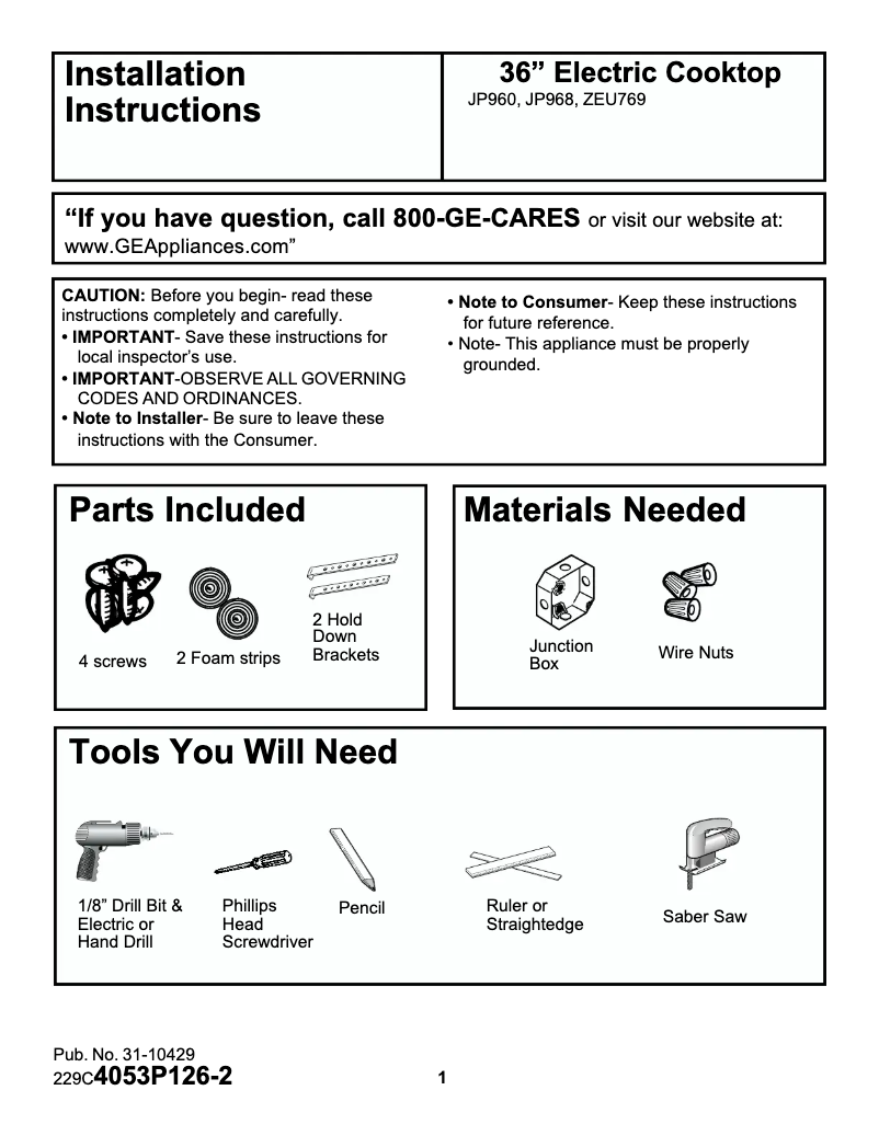 Page 1 de la notice Guide d'installation GE Profile Performance JP960BABB