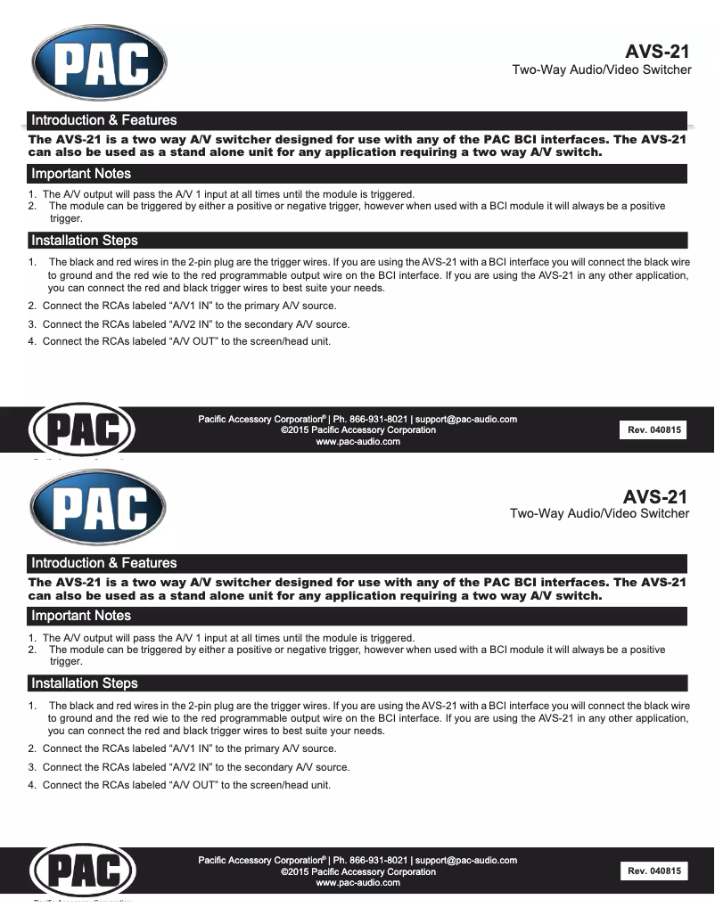 Page 1 de la notice Manuel utilisateur PAC AVS-21
