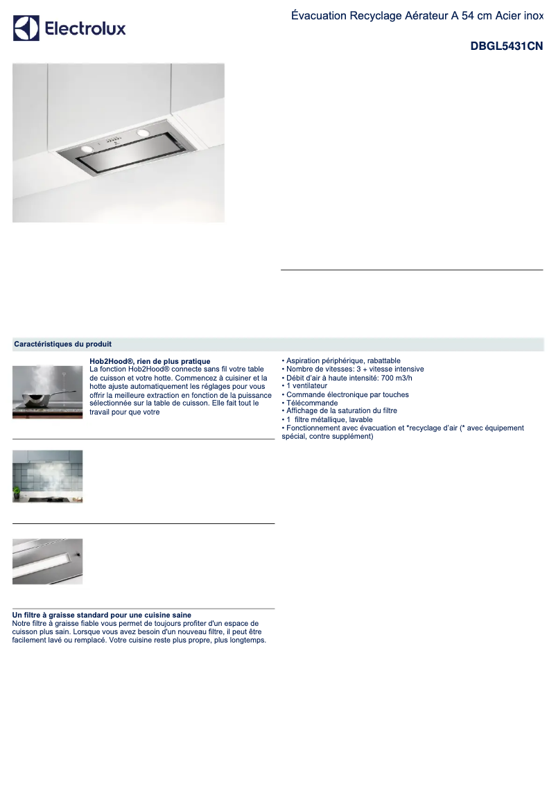 Page 1 de la notice Fiche technique Electrolux DBGL5431CN