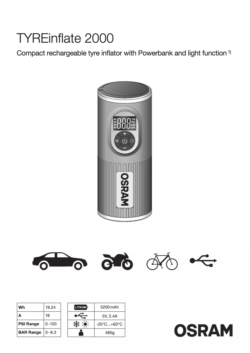 Page 1 de la notice Manuel utilisateur Osram TYREinﬂate 2000