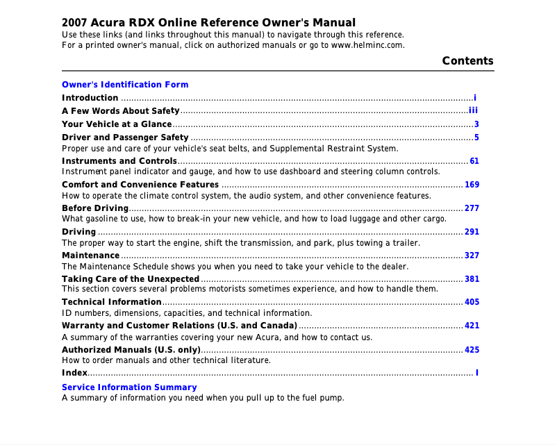 Page n°1 - Manuel utilisateur Acura RDX (2007)