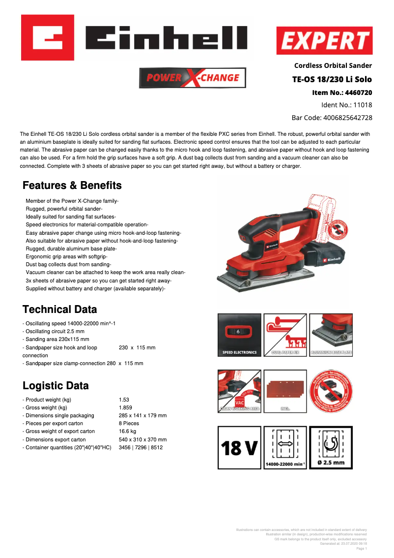 Page 1 de la notice Fiche technique Einhell TE-OS 18/230 Li Solo