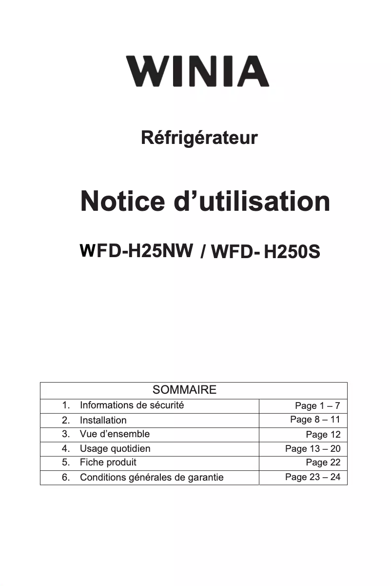 Page n°1 - Manuel utilisateur Winia WFD-H25NW