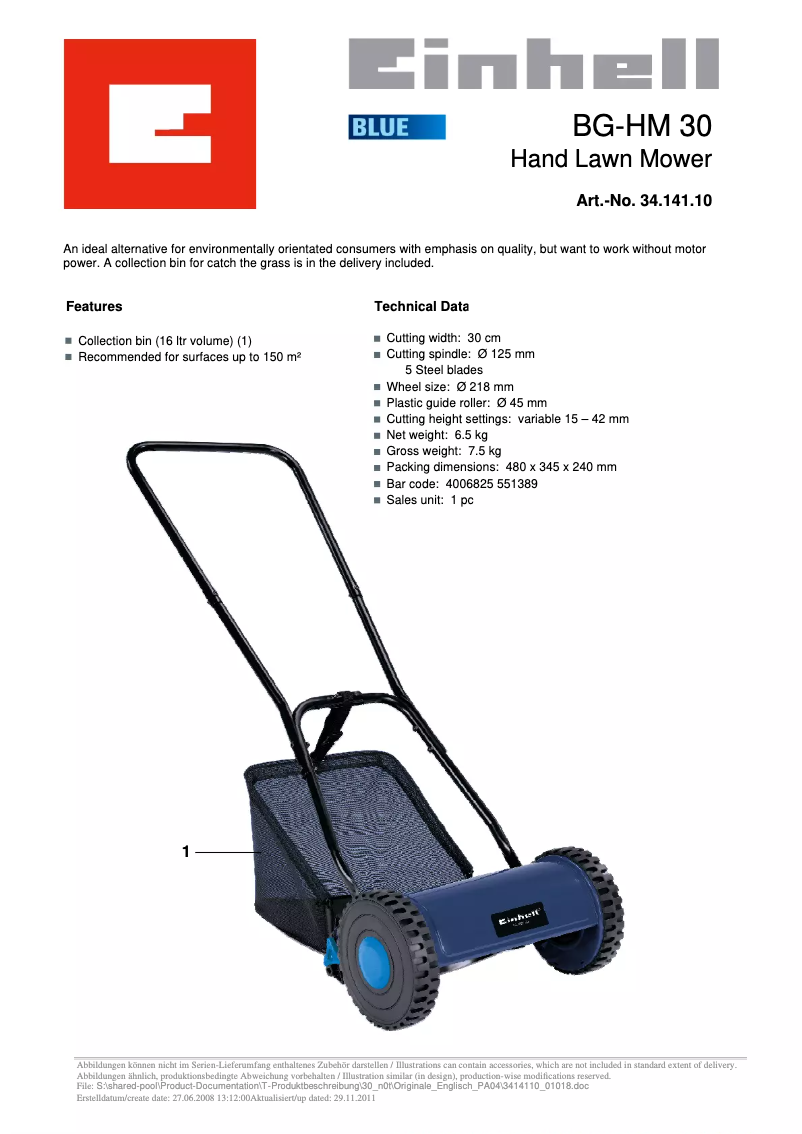 Page n°1 - Fiche technique Einhell BG-HM 30