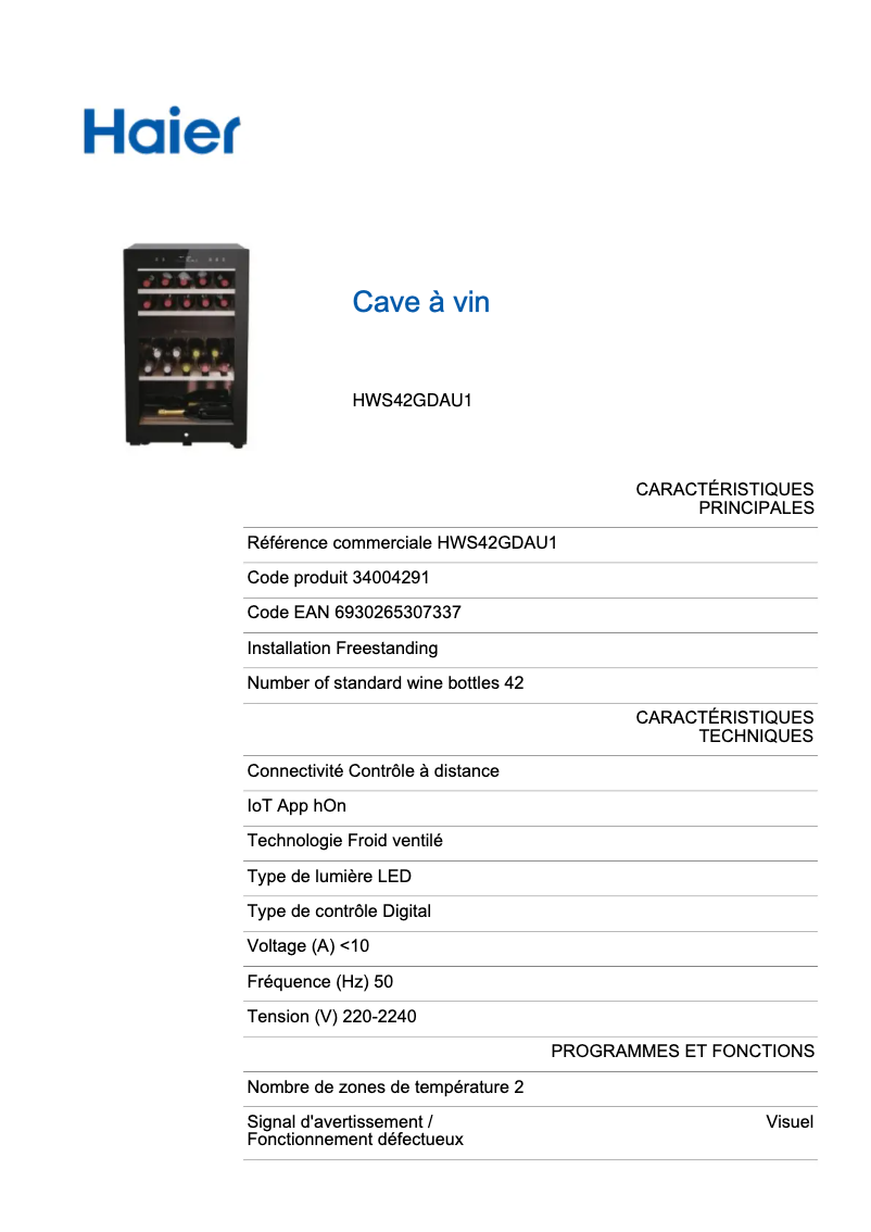 Page 1 de la notice Fiche technique Haier HWS42GDAU1