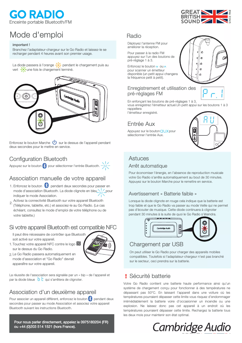 Page 1 de la notice Manuel utilisateur Cambridge GO Radio