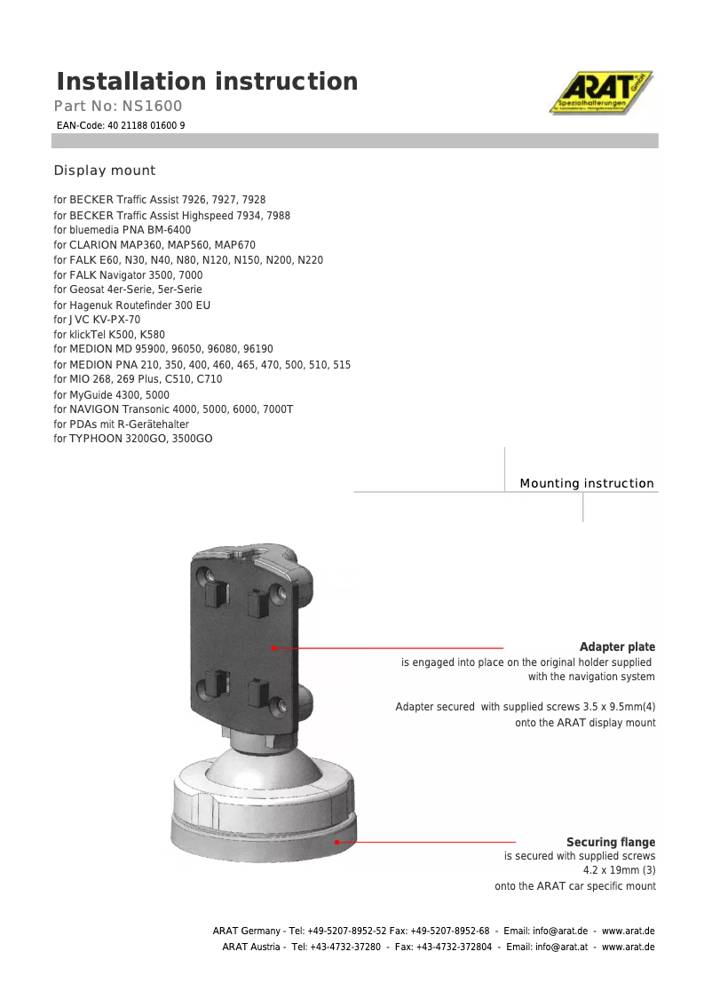 Page 1 de la notice Manuel utilisateur Arat NS1600