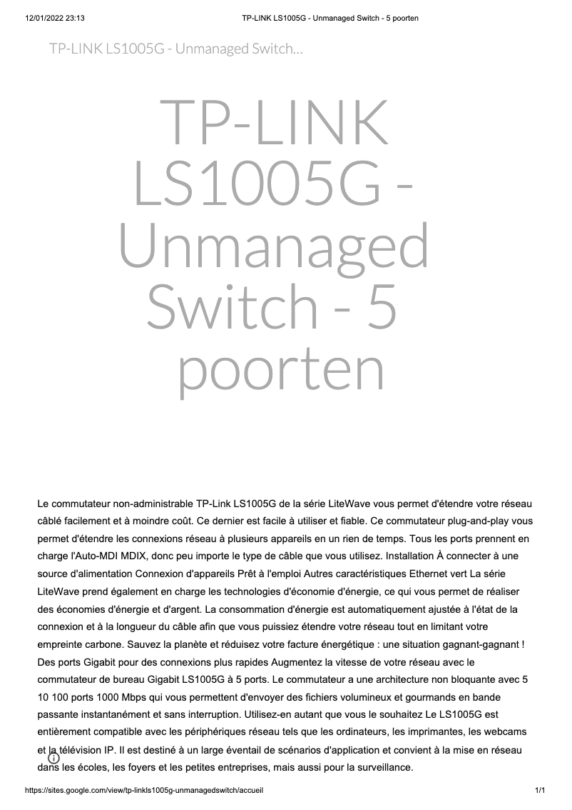 Page n°1 - Manuel utilisateur TP-Link LiteWave LS1005G