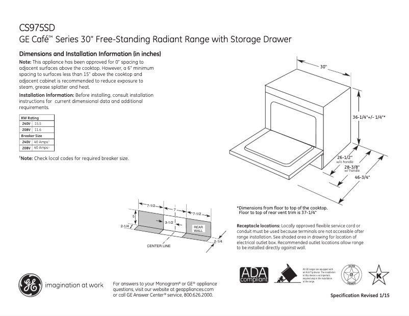Page 1 of the manual Technical Sheet GE Cafe CS975SDSS