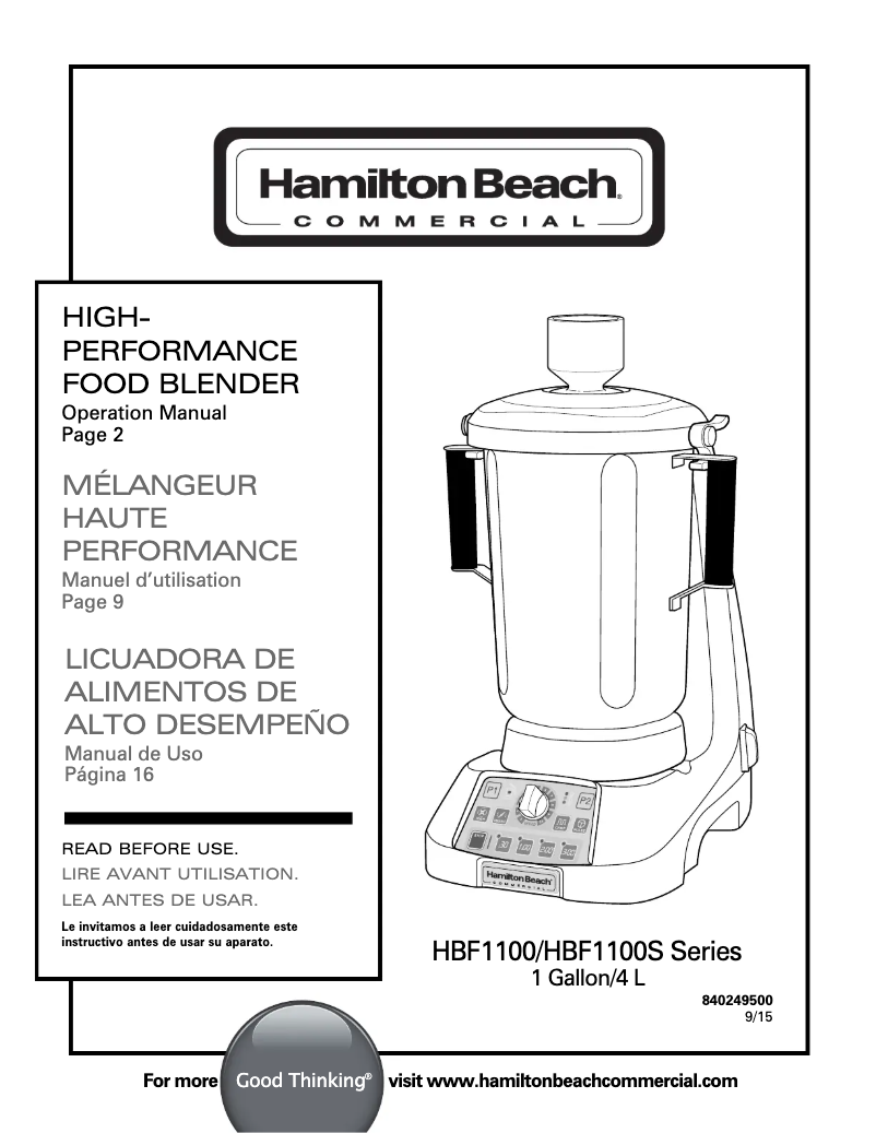 Page 1 de la notice Manuel utilisateur Hamilton Beach Expeditor HBF1100S