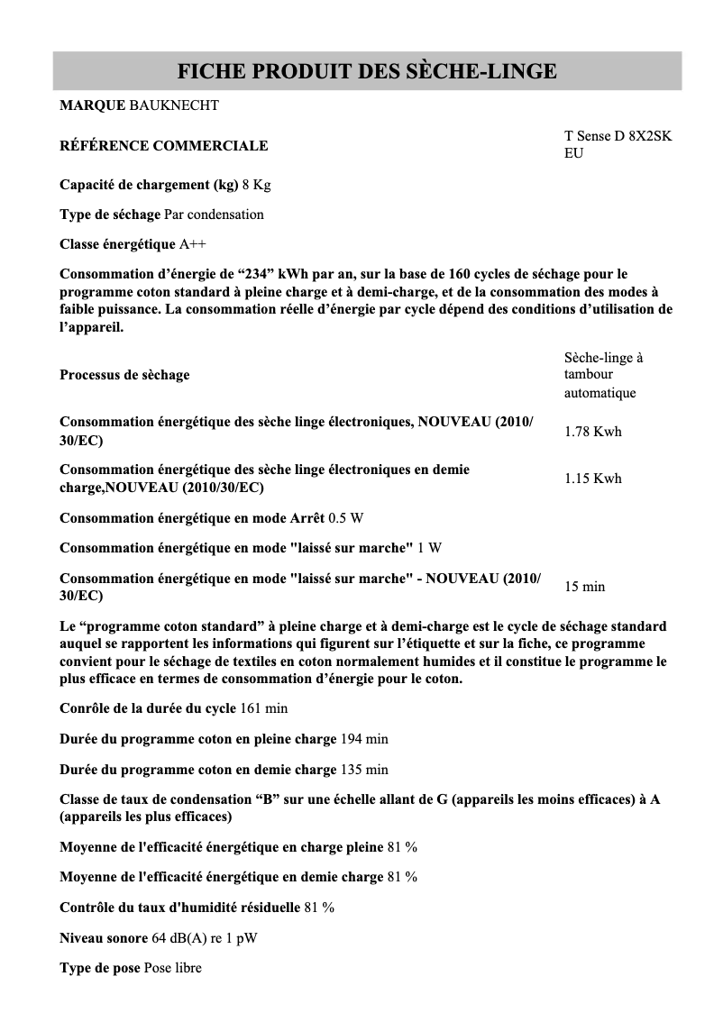 Page 1 de la notice Fiche technique Bauknecht T Sense D 8X2SK EU