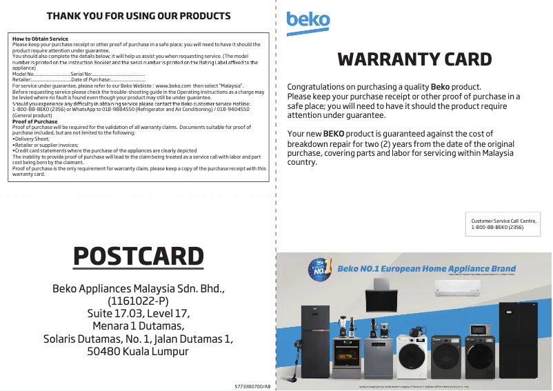 Page 1 de la notice Informations de garantie Beko WTLJI10C1SM