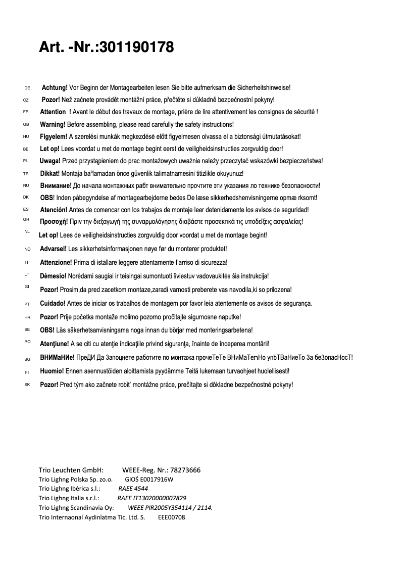 Page 1 de la notice Manuel utilisateur Trio Lighting Roddik 301190178