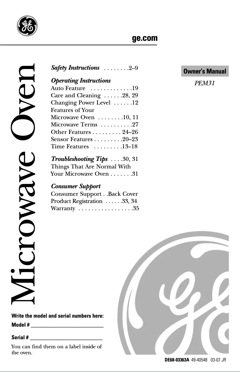 Page 1 de la notice Manuel utilisateur GE Spacemaker PEM31SMSS