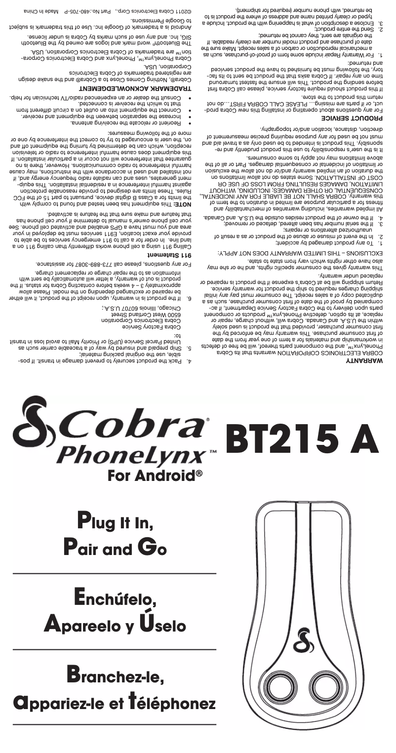 Page 1 de la notice Manuel utilisateur Cobra PhoneLynx BT215 A
