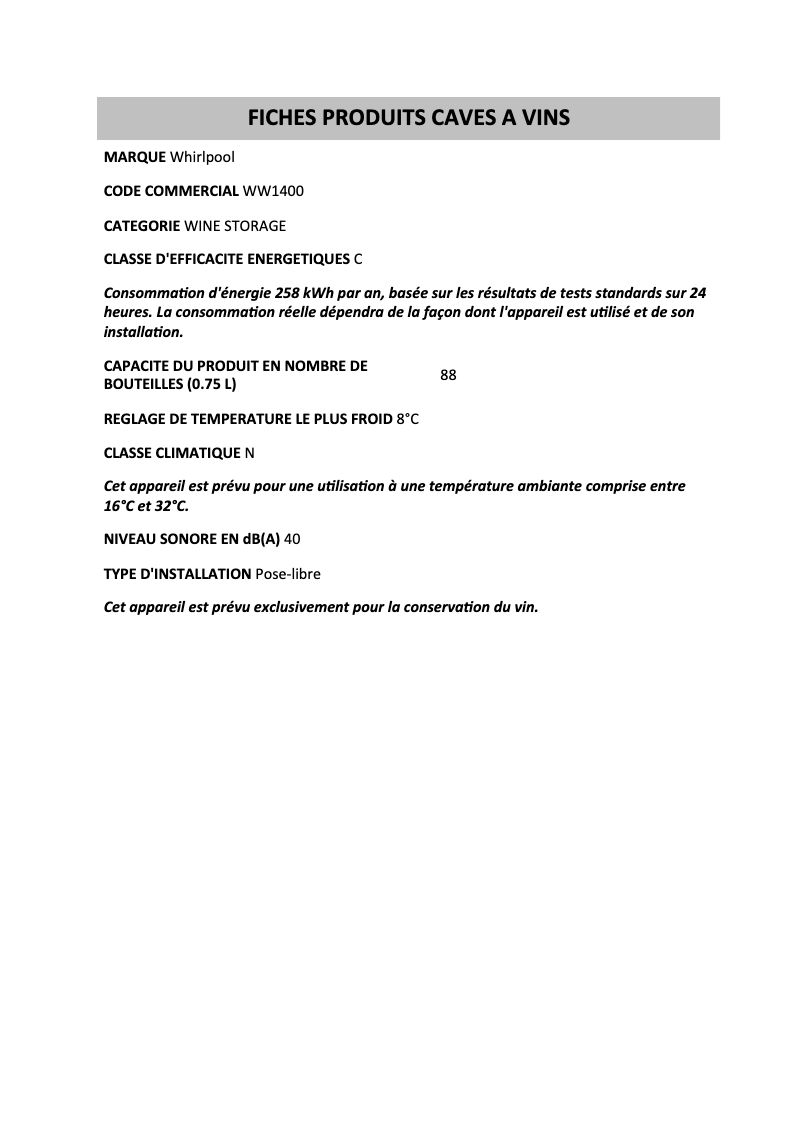 Page 1 de la notice Manuel utilisateur Whirlpool WW1400