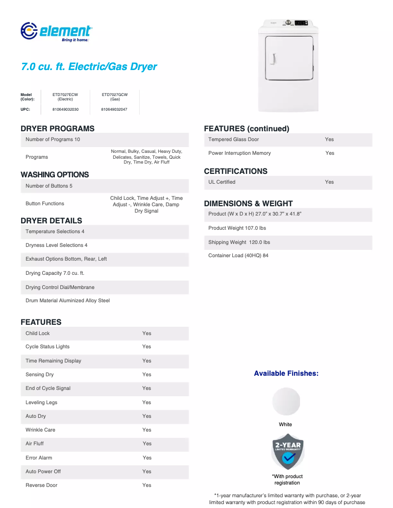 Page n°1 - Fiche technique Element ETD7027GCW