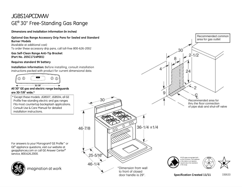 Page n°1 - Fiche technique GE JGBS14PCDWW