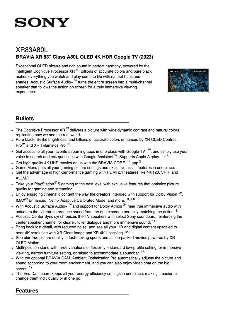 Página 1 del manual Ficha técnica Sony XR-83A80L
