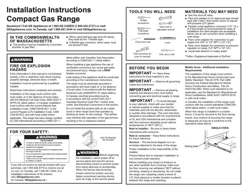 Page 1 de la notice Guide d'installation Hotpoint RGAS300DMWW